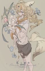  1girl absurdres animal_ears black_shorts blonde_hair commission english_text feet_out_of_frame flat_color flower highres holding holding_flower long_hair long_sleeves original shi_dan shirt shorts simple_background solo tail white_flower white_shirt 