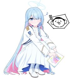  ! !! 1girl absurdres blue_archive blue_eyes blue_hair blue_halo boots closed_mouth colored_inner_hair commentary_request doodle_sensei_(blue_archive) envelope general_student_council_president_(blue_archive) hair_over_one_eye halo highres holding holding_envelope light_smile long_hair looking_at_viewer multicolored_hair musical_note one_eye_covered pink_hair r_qr recruitment_(blue_archive) sensei_(blue_archive) shirt shoulder_strap simple_background squatting very_long_hair white_background white_boots white_shirt 