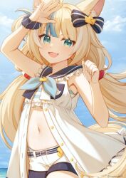  1girl ahoge animal_ear_fluff animal_ears blonde_hair blue_eyes blue_sailor_collar blue_sky blue_streaks cat_ears fang fish_girl hand_on_own_head indie_virtual_youtuber lifebuoy_hair_ornament long_hair looking_at_viewer low_twintails multicolored_hair niwarabbit ocean open_mouth sailor_collar sameko_saba sky solo streaked_hair swimsuit twintails very_long_hair virtual_youtuber 
