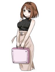  1girl bag bare_arms black_sweater blush_stickers bob_cut boku_no_hero_academia breasts briefcase brown_eyes brown_hair brown_skirt commentary cropped_legs dot_nose feet_out_of_frame highres holding holding_briefcase looking_at_viewer medium_breasts pencil_skirt piiiien4 pink_bag short_hair simple_background skirt sleeveless sleeveless_sweater smile solo sweater swept_bangs turtleneck turtleneck_sweater untranslatable_commentary uraraka_ochaco white_background 