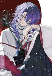  1boy absurdres black_hakama blue_hair braid chihaya_(clothing) commentary_request feet_out_of_frame flower green_eyes hakama hakama_pants hand_up happyruibosu head_rest head_tilt highres hoshirube_sho hoshirube_sho_(3rd_costume) japanese_clothes kimono long_sleeves looking_at_viewer male_focus multicolored_hair nijisanji oil-paper_umbrella pants parted_lips purple_hair simple_background slit_pupils snowing solo streaked_hair umbrella virtual_youtuber white_background white_flower white_kimono wide_sleeves 