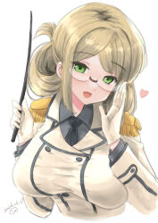  1girl adjusting_eyewear blush breasts brown_hair buttons commentary_request dated double-breasted epaulettes folded_ponytail glasses gloves green_eyes grey_hair holding holding_riding_crop kantai_collection katori_(kancolle) kitagawa_mikio large_breasts long_sleeves looking_at_viewer military military_uniform naval_uniform necktie open_mouth pointer riding_crop rimless_eyewear smile solo upper_body white_background white_gloves 