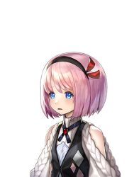  1girl another_eden another_eden_art_team black_hairband black_vest blue_eyes bob_cut child clothing_cutout flat_chest hair_ribbon hairband long_sleeves lowres mana_(another_eden) official_art open_mouth pink_hair raised_inner_eyebrows ribbon short_hair shoulder_cutout solo sweater tachi-e tareme third-party_source transparent_background upper_body variant_set vest 