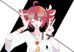  1girl absurdres ahoge antenna_hair applying_manicure drill_hair hairband highres jewelry kamome_donburi kasane_teto looking_at_viewer nail_polish necklace one_eye_closed red_eyes red_hair shirt sunglasses tongue tongue_out twin_drills utau v white_hairband white_shirt wristband 