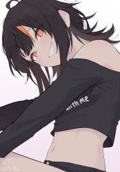  1girl alternate_costume bare_shoulders black_hair black_shirt black_shorts commentary_request highres kotetsu_080 long_sleeves looking_at_viewer mahou_shoujo_no_majo_saiban multicolored_hair navel off-shoulder_shirt off_shoulder orange_eyes outside_border sawatari_coco shirt short_hair shorts simple_background smile solo streaked_hair teeth upper_body white_background 