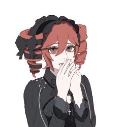  1girl black_bow black_dress black_headdress black_streaks bow covering_own_mouth cross cross_necklace dirtydanreborn dress drill_hair goth_fashion hair_between_eyes hair_bow hand_over_own_mouth high_collar highres jewelry kasane_teto long_sleeves looking_at_viewer lower_teeth_only multicolored_hair necklace open_mouth red_eyes red_hair short_hair sidelocks simple_background solo streaked_hair teeth twin_drills upper_body utau white_background 