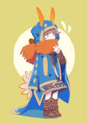  1girl absurdres animal_hood blue_cape blue_eyes blue_pants brown_hair brown_shirt brown_shoes brown_socks cape commentary_request full_body highres hood long_sleeves mochimura_sorata orange_scarf original pants rabbit_hood scarf shirt shoes short_hair socks solo standing 
