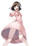  1girl animal_ears bare_legs brown_hair carrot hand_on_hip inaba_tewi kyon_(fuuran) open_mouth rabbit_ears red_eyes short_hair simple_background skirt skirt_set smile solo touhou white_background 