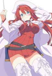  1girl aty_(summon_night) belt beret black-framed_eyewear black_belt blue_eyes boots closed_mouth commentary_request glasses hair_flaps hat highres jacket lace-up_boots long_hair looking_at_viewer nekokawa_isugi red_sweater sidelocks smile solo summon_night summon_night_3 sweater white_boots white_hat white_jacket 