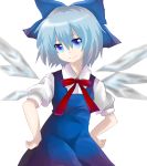  blue_eyes blue_hair bow cirno hair_bow hand_on_hip highres ice ice_wings nayutaro necktie short_hair short_sleeves smile touhou wings 