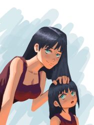  1girl aged_down black_hair blue_eyes blunt_bangs child commentary dress hair_behind_ear hand_on_another's_head highres long_hair looking_at_viewer nanauart nico_robin one_piece open_mouth purple_dress sidelocks smile 