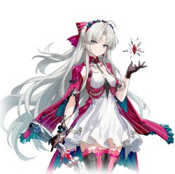  1girl ahoge aqua_eyes black_boots black_gloves boots bow breasts carlotta_(wuthering_waves) closed_mouth commentary cropped dress earrings gloves grey_hair gun hair_bow holding holding_gun holding_weapon jacket jewelry long_hair looking_at_viewer medium_breasts official_art parted_bangs pink_bow pink_jacket pink_thighhighs rifle simple_background smile solo thigh-highs thigh_boots thighhighs_under_boots thighs transparent_background upper_body weapon white_background white_dress wuthering_waves 
