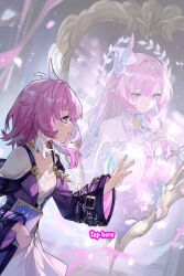  2girls absurdres bare_shoulders blue_eyes book breasts coat commentary cowboy_shot cyrene_(demiurge)_(honkai:_star_rail) cyrene_(honkai:_star_rail) cyrene_(philia093)_(honkai:_star_rail) different_reflection dress dual_persona english_commentary english_text from_side hand_on_mirror hand_on_own_chest highres holding holding_book honkai:_star_rail honkai_(series) large_breasts libero_art_studio long_hair long_sleeves looking_at_mirror mirror multiple_girls off-shoulder_coat off_shoulder pink_hair pointy_ears purple_coat reflection ripples small_breasts smile upper_body very_long_hair violet_eyes white_dress white_hair wide_sleeves 