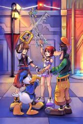  1girl 3boys alternate_universe black_choker blue_eyes choker crossed_swords donald_duck full_body goofy highres holding holding_weapon hollypolllyy in-universe_location jewelry kairi_(kingdom_hearts) kingdom_hearts kingdom_hearts_i kingdom_key lantern multiple_boys necklace nomura_tetsuya_(style) oathkeeper outdoors pendant purple_skirt red_hair shoes skirt skort smile sora_(kingdom_hearts) sword tank_top weapon white_shoes white_tank_top wristband 