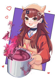  1girl absurdres apron bad_food bandana black_bow black_choker blush bow brown_hair choker cooking_pot dragon_musume_ni_naritakunai! duel_masters fang hair_bow hair_ornament heart highres holding holding_cooking_pot hood hoodie kuramandora long_hair maguma_mega open_mouth orange_apron orange_bandana oven_mitts purple_liquid red_hoodie shirt solo upper_body white_shirt yellow_eyes 