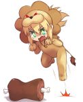  1girl animal_costume blonde_hair blush boned_meat chibi cosplay drooling fate/apocrypha fate/tiger_colosseum fate_(series) food green_eyes jewelry lion_costume meat necklace pouncing saber_lion saber_lion_(cosplay) saber_of_red solo tusia 