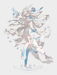  1girl absurdres blue_eyes blue_gloves commission dress flat_color flower full_body gloves grey_background hair_ornament highres long_hair original shi_dan solo tachi-e very_long_hair white_dress 