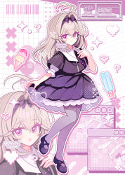  1girl ? absurdres antenna_hair barcode black_capelet black_shoes black_skirt blush capelet closed_mouth collared_shirt commentary_request different_zoom_layer food frilled_skirt frills full_body grey_hair grey_pantyhose hair_intakes heart highres ice_cream ice_cream_cone long_hair looking_at_viewer meitantei_precure! moria_luluka multiple_scoops open_mouth pantyhose pink_eyes popsicle precure puffy_short_sleeves puffy_sleeves shirocha_tei shirt shoes short_sleeves skirt smile solo twitter_username watermark watermark_grid white_shirt window_(computing) zoom_layer 