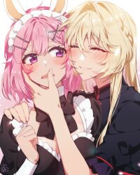  2girls amaori_renako blonde_hair blush bow bowtie braid chinese_clothes couple hair_ornament hairclip hand_on_another's_cheek hand_on_another's_face long_hair looking_at_viewer maid maid_headdress medium_hair multiple_girls neruyuribear open_mouth ouzuka_mai parallel_hairclips pink_hair school_uniform shirt simple_background smile upper_body violet_eyes watashi_ga_koibito_ni_nareru_wake_naijan_murimuri! white_background x_hair_ornament yuri 