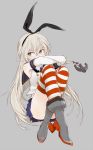  1girl anchor blonde_hair boots brown_eyes crossed_arms crossed_legs elbow_gloves gloves grey_background hairband kantai_collection long_hair nesume personification shimakaze_(kantai_collection) simple_background sitting skirt solo striped striped_legwear thighhighs white_gloves 