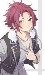  1boy absurdres bangs_pinned_back chain chain_necklace closed_mouth commentary dated ensemble_stars! eyes_visible_through_hair feature_scout_2_(ensemble_stars!) fur_trim green_eyes hair_ornament hairclip hand_up highres isara_mao jewelry lapels layered_clothes looking_at_viewer male_focus necklace notched_lapels official_alternate_costume pelvic_curtain red_hair reijiro ring short_hair short_sleeves simple_background smile solo upper_body vest 