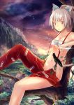  1girl bandages bare_shoulders bird bow bust cigarette collarbone crow forest fujiwara_no_mokou hair_bow highres in_tree looking_at_viewer mountain nature navel open_mouth red_eyes sarashi short_hair silver_hair sitting sitting_in_tree solo suspenders tetsurou_(fe+) touhou tree 