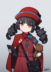  1girl absurdres bag black_bow black_hair blue_flower blue_rose bow brown_dress brown_eyes character_request cloak closed_mouth commentary dress drill_hair flower gloves grey_background hat hat_bow highres holding holding_stuffed_toy key project_rx red_cloak red_hat rose shoulder_bag shuni_valentine signature simple_background solo stuffed_animal stuffed_toy teddy_bear twin_drills twintails white_gloves 