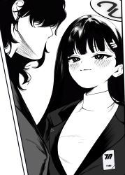  1boy 1girl absurdres blue_archive blush breasts bright_pupils commentary_request hair_behind_ear hair_ornament halo highres kaneda_ichi_(kusamoeta) long_hair millennium_science_school_logo monochrome ringed_eyes rio_(blue_archive) sensei_(blue_archive) smile sweater turtleneck 