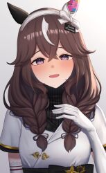  1girl animal_ears bakkasu150 blush braid brown_hair commentary_request crossed_bangs curren_bouquetd'or_(racing)_(umamusume) curren_bouquetd'or_(umamusume) dress elbow_gloves gloves grey_eyes hair_between_eyes highres horse_ears horse_girl long_hair looking_at_viewer low_twin_braids mismatched_ear_covers multicolored_hair open_mouth simple_background smile solo streaked_hair twin_braids umamusume white_background white_dress white_gloves white_streaks 