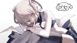  1girl absurdres black_nails black_shorts blue_eyes blunt_bangs braid braided_hair_rings breasts cleavage_cutout clothing_cutout commentary_request crop_top hair_rings highres legs looking_at_viewer nanakusa_nazuna_(yofukashi_no_uta) navel open_mouth short_hair shorts simple_background sleeveless smile solo thigh-highs thighs tokkieee_qian white_background yofukashi_no_uta 