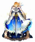 1girl ahoge armor armored_dress blonde_hair cape chinese dress excalibur fate/stay_night fate_(series) gauntlets green_eyes hands_on_hilt hankenyoudayo planted_sword planted_weapon saber solo sword weapon 