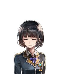  1girl another_eden another_eden_art_team black_hair blazer blunt_bangs bob_cut bow bowtie breasts closed_eyes closed_mouth collared_shirt jacket large_variant_set lowres medium_breasts official_art purple_bow purple_bowtie saki_(another_eden) school_uniform shirt short_hair simple_background solo tachi-e third-party_source transparent_background upper_body v-shaped_eyebrows variant_set white_shirt 