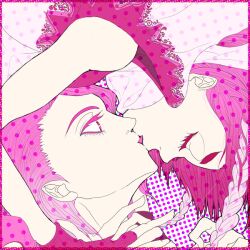  1boy 1girl border braid closed_eyes commentary_request jojo_no_kimyou_na_bouken jooooookera kiss pannacotta_fugo pink_border pink_theme polka_dot purple_haze_feedback sheila_e upside-down_kiss vento_aureo 