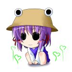  1girl blush_stickers chibi cosplay hair_ribbon hat heart ichimi moriya_suwako moriya_suwako_(cosplay) nagae_iku payot purple_hair ribbon skirt skirt_set smile solid_circle_eyes solo touhou 