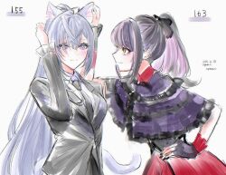  2girls animal_ears blush breasts cat_ears cat_tail fingerless_gloves gloves grabbing_another's_ear grey_hair hand_on_another's_ear highres hololive hololive_english hololive_indonesia looking_at_another multicolored_hair multiple_girls nail_polish ponytail shiori_novella suit tail two-tone_hair vestia_zeta virtual_youtuber yuri_kyanon 