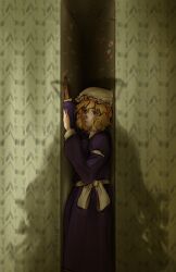 2girls absurdres backrooms_(creepypasta) blonde_hair collared_dress contrast_collar disembodied_eye dress feet_out_of_frame film_grain full_body gap_(touhou) hat highres long_sleeves maribel_hearn medium_hair multiple_girls oarfishman open_mouth pov_shadow purple_dress sash shadow signature standing string string_of_fate stuck touhou violet_eyes white_hat white_sash yakumo_yukari 