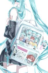  1girl absurdres aqua_hair aqua_trim back backpack bag black_skirt black_sleeves character_doll crane_game detached_sleeves doll from_behind hatsune_miku headset highres long_hair long_sleeves number_tattoo shirt simple_background skirt sleeveless sleeveless_shirt solo tattoo twintails vocaloid white_background white_bag white_shirt zephyr_zaoziqian 
