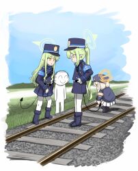  1boy 3girls aoba_(blue_archive) blue_archive chiitara_(ghay3h) demon_tail doodle_sensei_(blue_archive) gloves green_hair green_halo halo hat highres hikari_(blue_archive) jacket long_hair long_sleeves multiple_girls newsboy_cap nozomi_(blue_archive) on_railroad_tracks outdoors pantyhose pointy_ears railroad_tracks red_eyes sensei_(blue_archive) siblings sky tail twintails white_gloves white_pantyhose yellow_eyes 