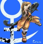  1girl anchor anchor_symbol artist_name belt belt_buckle boots brown_eyes brown_hair flat_chest guilty_gear hat highres long_hair may_(guilty_gear) pants_rolled_up pirate_hat queruru skull_and_crossbones solo weapon 