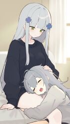  absurdres bare_legs between_legs black_sweater blush breasts casual commentary_request cross g11_(girls'_frontline) girls_frontline green_eyes hair_between_eyes hair_ornament hairclip happy headpat hiepita97 highres hk416_(girls'_frontline) indoors iron_cross lap_pillow long_hair looking_at_another looking_down medium_breasts messy_hair open_mouth shirt sitting sleeping smile sweater teeth thighs upper_teeth_only very_long_hair white_hair white_shirt 