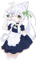 1girl alternate_costume animal_ear_fluff animal_ears apron blue_dress blush cat_day cat_ears cat_girl cat_tail closed_mouth commentary_request cross-shaped_pupils dress enmaided genshin_impact green_eyes hair_ornament highres holding_own_dress jewelry kemonomimi_mode leaf_hair_ornament long_hair looking_at_viewer maid maid_apron nahida_(genshin_impact) necklace nekomata paw_pose ponytail puffy_short_sleeves puffy_sleeves short_sleeves side_ponytail simple_background solo symbol-shaped_pupils tail thigh-highs tongue tongue_out waist_apron white_apron white_background white_hair white_thighhighs 