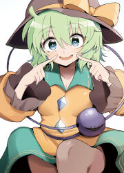 blue_eyes blush breasts diz_(diznaoto) finger_to_cheek frills green_hair green_skirt hat highres komeiji_koishi looking_at_viewer open_mouth shirt short_hair simple_background sitting skirt smile solo third_eye touhou upper_body white_background yellow_shirt 