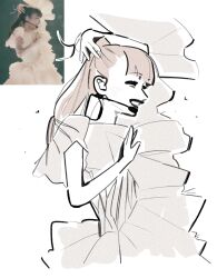  1girl ^_^ a~chan closed_eyes dancing dress earpiece grey_dress hair_behind_ear highres idol open_hand parted_lips perfume_(band) photo-referenced ponytail real_life reference_inset smile solo white_background yvniyun 