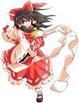  1girl ascot black_eyes black_hair bow dairi dress gohei hair_bow hair_tubes hakurei_reimu long_sleeves open_mouth red_dress simple_background solo spell_card touhou white_background wide_sleeves 