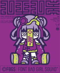  1girl artist_name character_name chibi chibi_only clothing_cutout colored_skin commentary copyright_name double_bun english_commentary font_bad_girl_squad full_body hair_bun highres ito_to_0427 jiangshi long_hair long_sleeves nine_(fbgs) official_art ofuda ofuda_on_head personification purple_background purple_hair purple_ribbon ribbon second-party_source shoulder_cutout simple_background sleeves_past_fingers sleeves_past_wrists solo standing thick_lineart white_eyes white_skin 