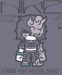  1girl absurdres artist_name bracelet character_name chibi chibi_only clenched_hands colored_skin commentary_request copyright_name font_bad_girl_squad full_body grey_background grey_hair grey_pants grey_shirt grey_shoes highres ito_to_0427 jewelry midriff nike_(fbgs) no_mouth official_art pants personification second-party_source shirt shoes short_hair short_sleeves simple_background solo standing thick_lineart white_eyes white_skin 