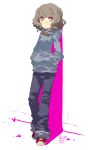  1girl against_wall black_hair hamamoto_ryuusuke hands_in_pockets hoodie jeans orange_eyes original oversized_clothes shoes short_hair sneakers solo 