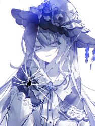  1girl black_gloves brooch chinese_commentary chuanchayinlris commentary_request crack dress flower frilled_dress frilled_sleeves frills gloves hair_between_eyes hand_up hat hat_flower highres jewelry long_hair long_sleeves looking_at_viewer mahou_shoujo_no_majo_saiban neck_ribbon open_mouth ribbon simple_background smile solo spoilers tsukishiro_yuki upper_body white_background white_dress white_eyes white_flower white_hair white_hat white_ribbon 