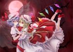  2girls ankle_socks ascot bat bat_wings blonde_hair blue_hair eye_contact fingernails flandre_scarlet flying full_moon hair_in_mouth hand_on_another&#039;s_back hand_on_another&#039;s_chest hat hat_ribbon highres hug legs_back light_particles light_smile lips looking_at_another lying_on_person mary_janes megumi_(piyo7piyo9) mob_cap moon multiple_girls nail_polish red_background red_eyes red_moon remilia_scarlet ribbon sharp_fingernails shoes short_hair siblings side_ponytail sideways sisters skirt skirt_set touhou transparent_wings wings wrist_cuffs 