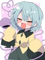  1girl :d blush buttons collared_shirt commentary diamond_button disembodied_linked_eye eyeball facing_viewer green_hair green_skirt heart heart_of_string highres komeiji_koishi long_sleeves missing_headwear open_mouth shirt skirt smile soesoe300 solo touhou wide_sleeves yellow_shirt 